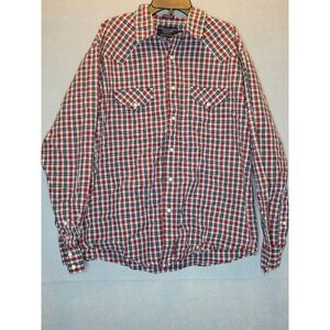American Eagle Mens Rugged Poplin Western Pearl Snap Plaid Shirt Red Blue Size M